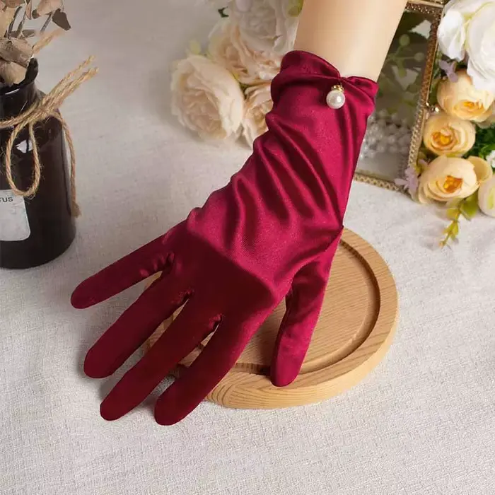 Robe de mariée élégante en Satin, gants courts rouges, rétro, nœud en perles, photographie pour femmes, étiquette de bal, accessoires de Performance