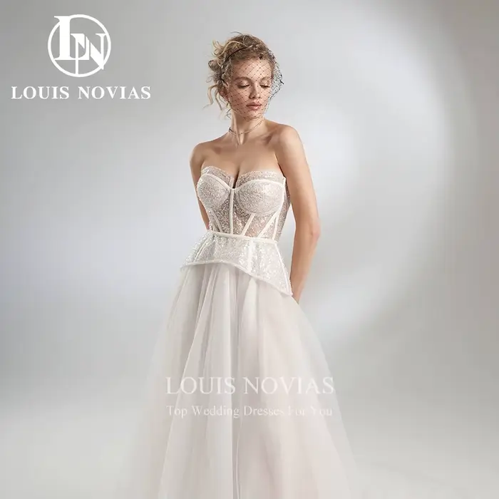Robe de mariée trapèze, torsadée, élégante, sexy, perlée, pailletée