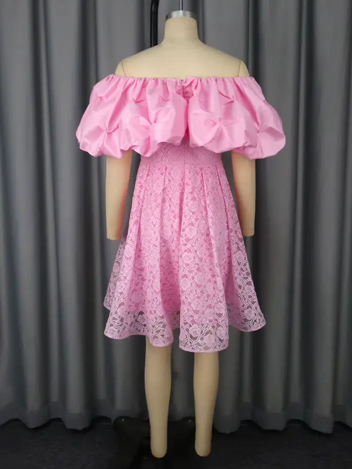 Robe rose à épaules dénudées manches bouffantes dentelle florale ligne A pour femmes soirées d'entreprise anniversaires mariages