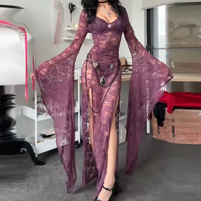Robe moulante femme style Goth Punk avec dentelle et col en V coupe crayon en polyester et élasthanne pour été