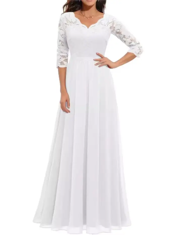 Robe ample femme élégante polyester col en V dentelle trois quarts bureau dame printemps été occasions spéciales soirée