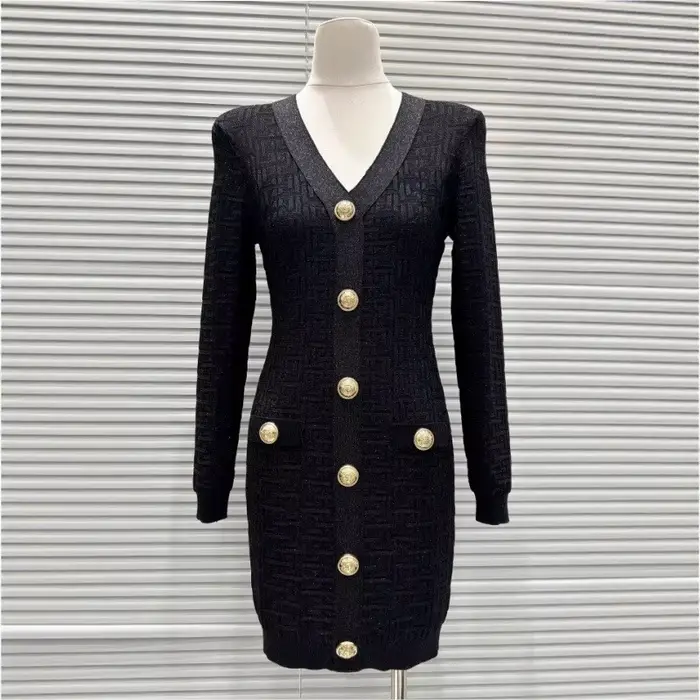 Robe tricotée noire slim fit pour femmes, manches longues, simple boutonnage, col en v, robe midi él