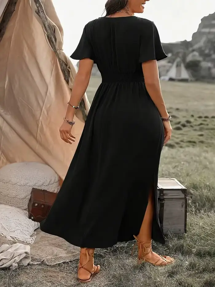 Robe chic grande taille polyester col en V manches courtes flatteuse fente latérale été pour femmes occasions spéciales
