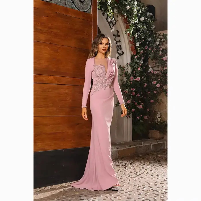 Robes de soirée de luxe manches longues perle cristal sirène