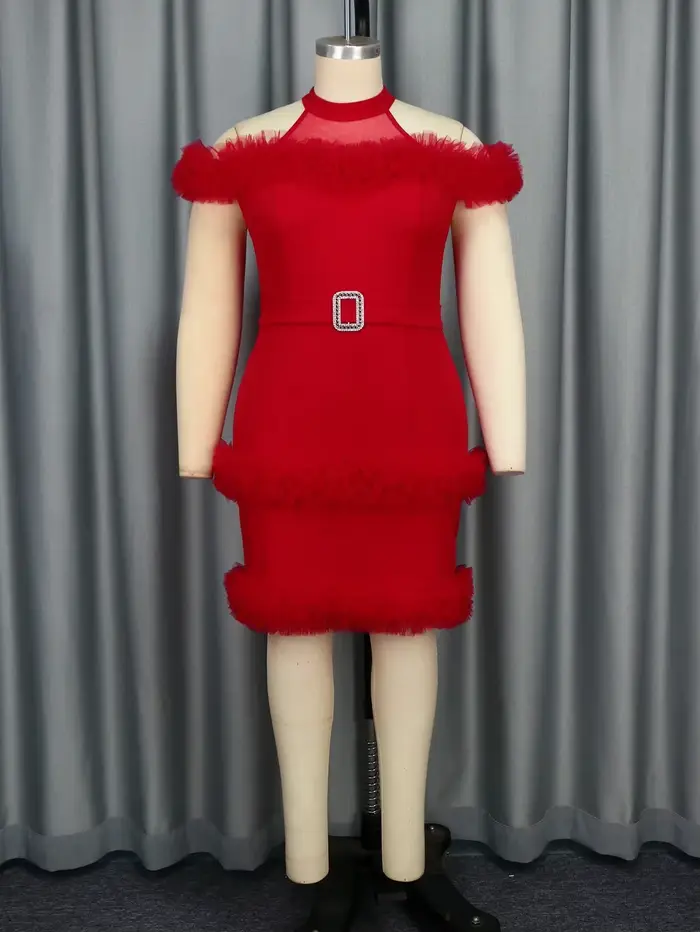 Robes rouges à volants en maille patchwork pour femmes