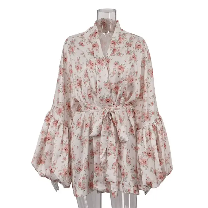 Sexy col en v imprimé robe courte femmes mode manches bouffantes plissé taille haute à lacets Mini R
