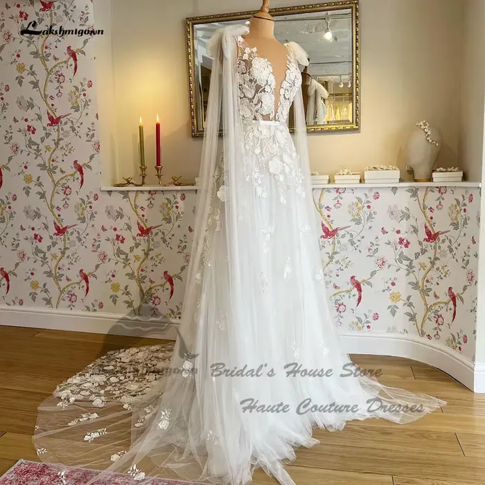 Robe Mariage civile bohème Robe de mariée dentelle florale Sexy mariée blanc cassé Tulle longue plag