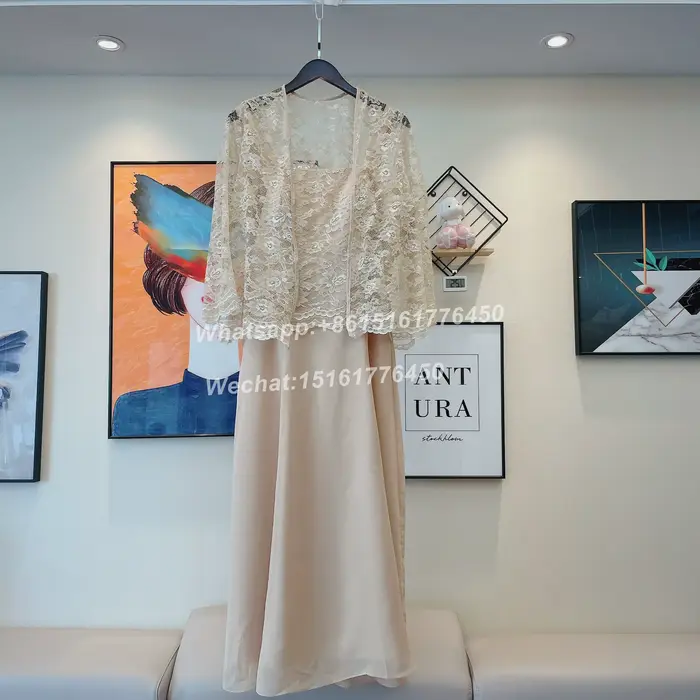 Robe de mère de la mariée en mousseline avec dentelle et veste élégante longueur cheville pour cérémonie de mariage