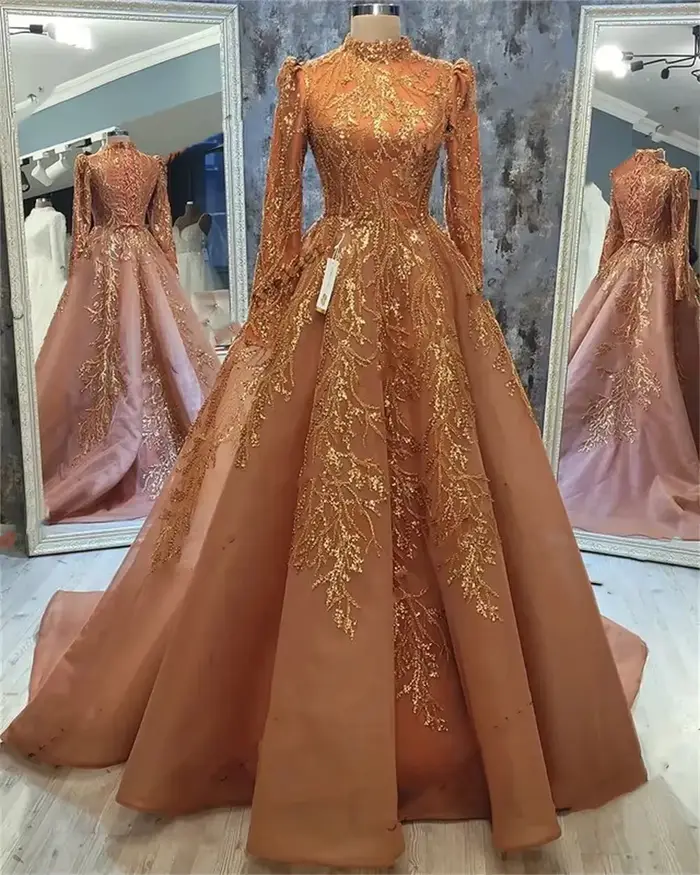 Robe de soirée arabe musulmane, avec des Appliques de luxe 3D, col haut, manches longues, Robe de so