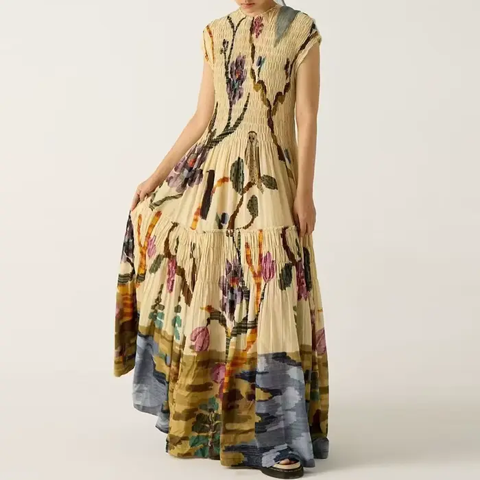 Robe de soirée plissée pour femmes, vêtements tendance, col rond, taille haute, manches courtes, amp