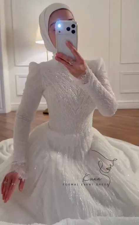 Robe de mariage KUXA en coton et polyester avec dentelle perlée, silhouette une ligne, col rond, train de la cour, conçue pour les futures mamans, idéale pour les cérémonies de mariage traditionnelles et modernes