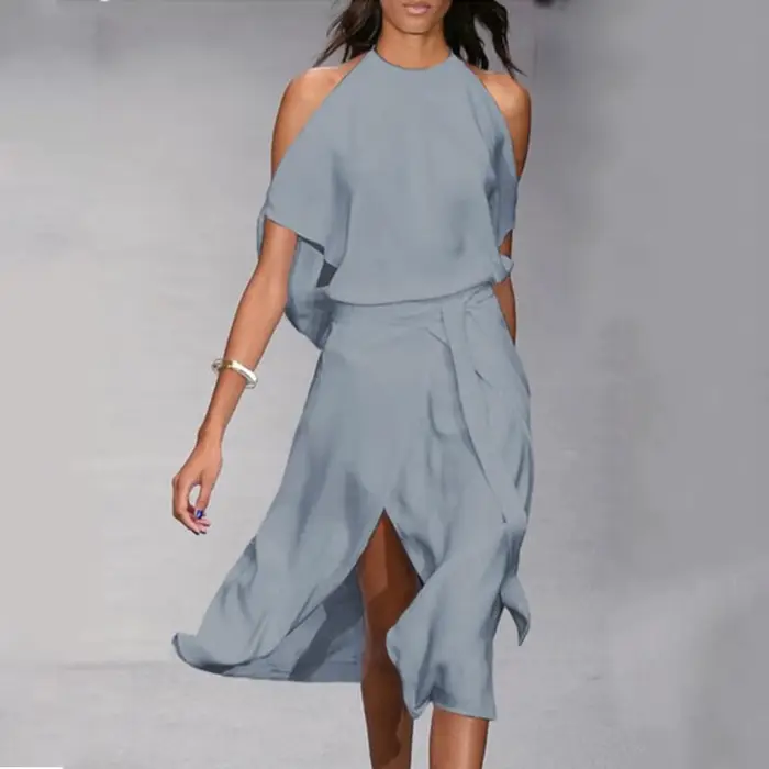 Robe de soleil pour adolescentes femmes Sexy sans manches Spaghetti sangle dos nu fendu Cocktail longue