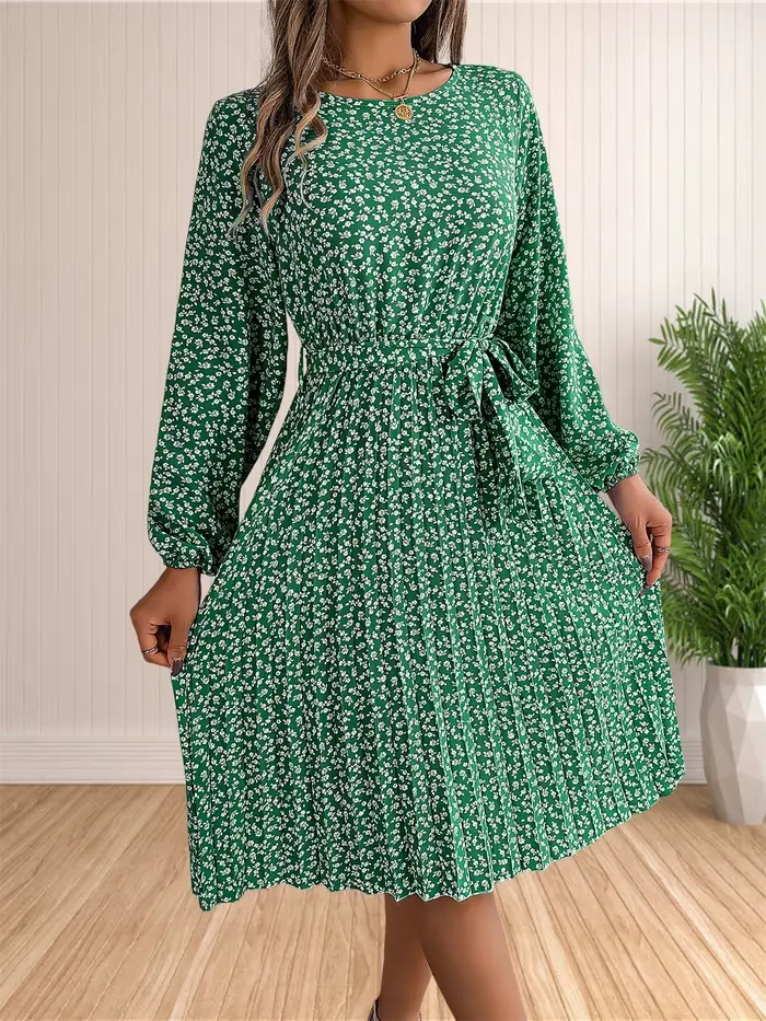 Robe plissée à manches longues imprimée floral style bohème pour femmes occasions spéciales automne hiver