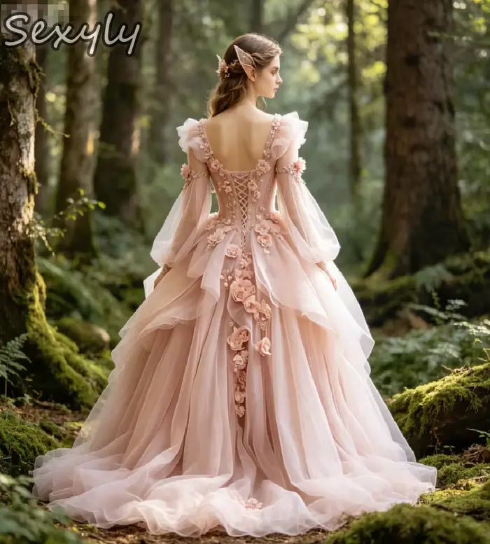 Robe de mariée féerique rose poudré