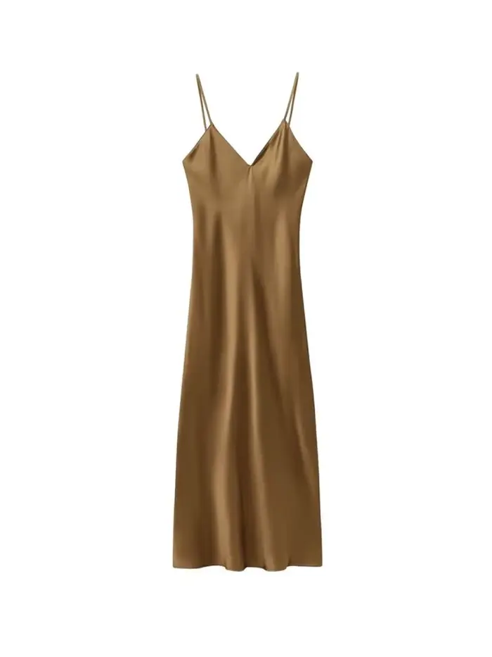Robe mi-longue en satin polyeste col en V bretelles fines dos nu sexy pour femmes occasions spéciales