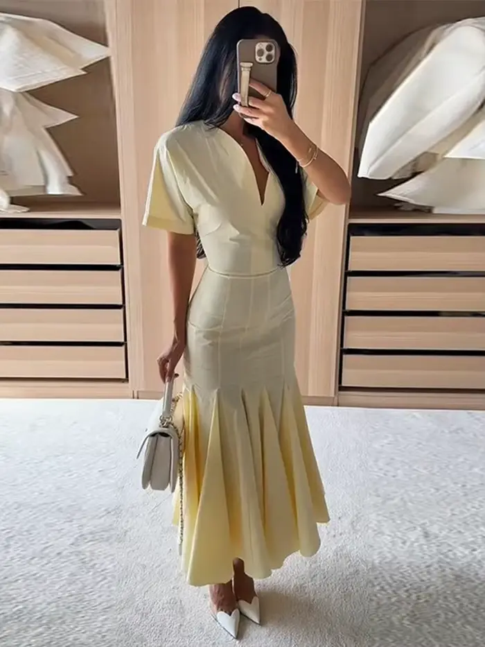 Nouvelles Robes Longues Moulantes pour Femmes, Col en V, Manches Courtes, Taille Cintrée, Effet Amin