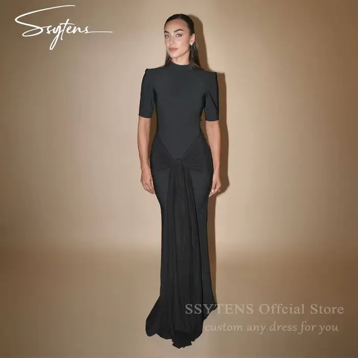 SSYTENS moderne noir Satin robes de bal manches courtes col haut femmes robe de soirée