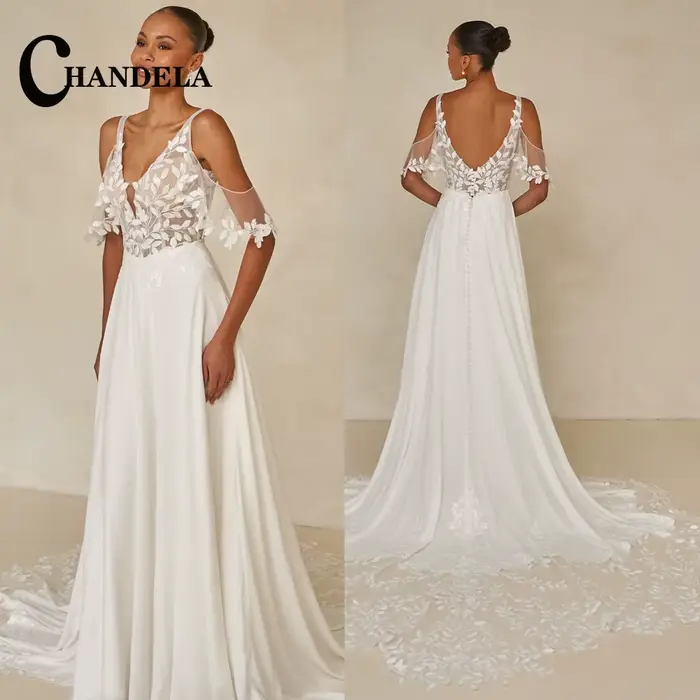 CHANDELA Robes de cérémonie élégantes pour mariages, en mousseline, avec décolleté en V, manches cou