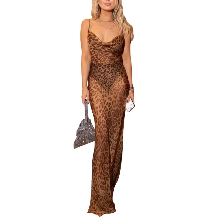 Robe longue fendue à rayures zébrées et imprimé léopard pour femme