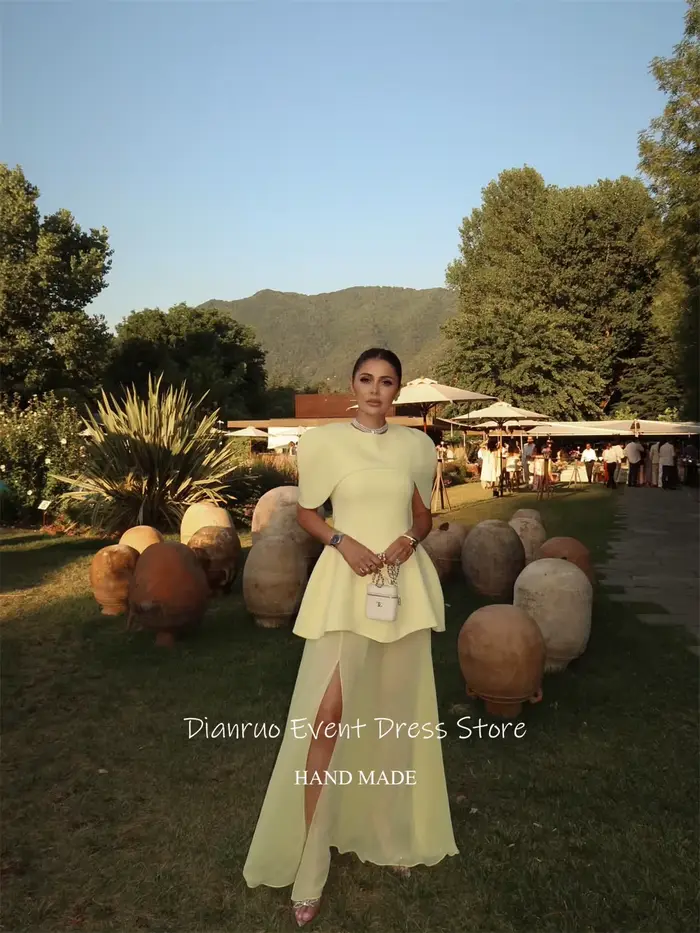 Dianruo jaune pâle une ligne robes De Soirée fente latérale col rond Robe
