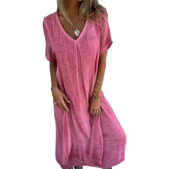 Robe de plage droite en mélange de coton style bohème pour femme col en V et drapé bleu orange rose été