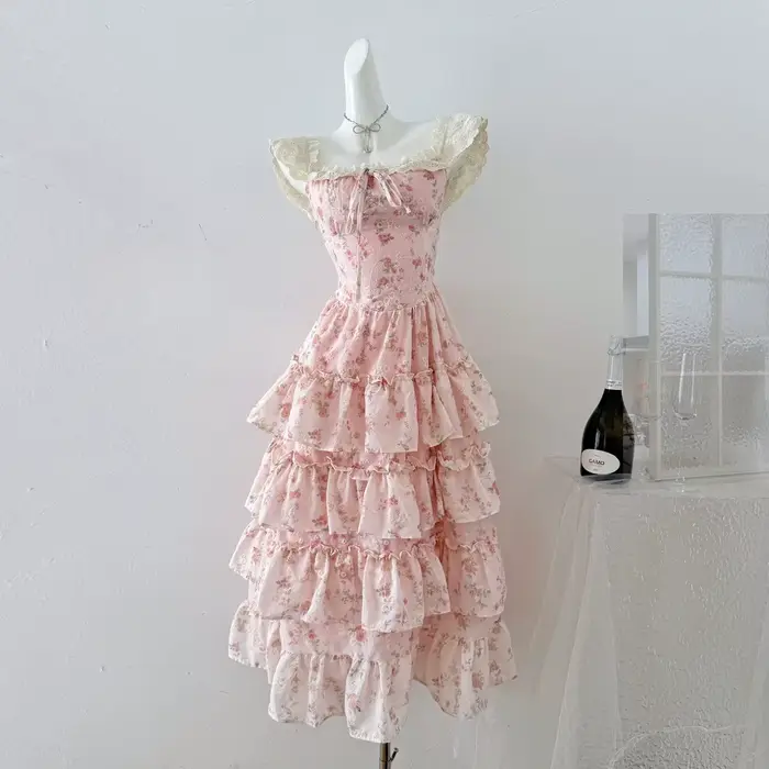 Robe de soirée longue en dentelle à fleurs françaises pour femme style doux bleu rose taille S à XL