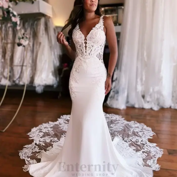 Enternity – robe De mariée sirène à la mode, bretelles Spaghetti, traîne Court, dentelle appliquée, 