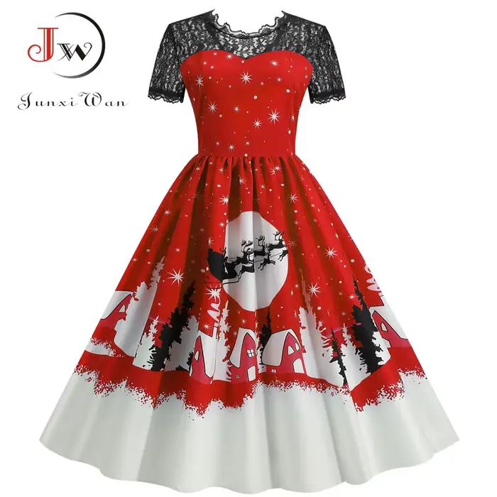 Robe de Noël pour femme élégante vintage taille haute décontractée imprimée en dentelle pour soirée festive et cérémonie d'hiver