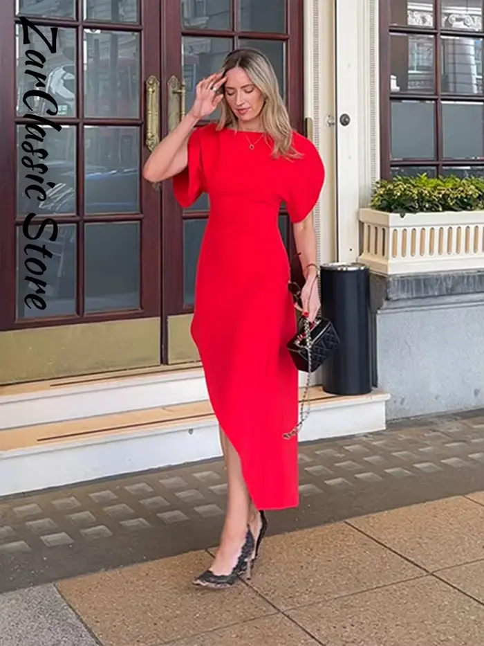 Nouvelle Robe d'été asymétrique rouge élégante à col rond