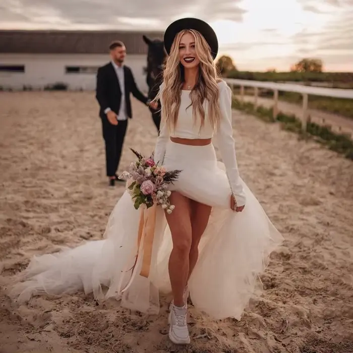 Robe de mariée en jersey bohème deux pièces personnalisée manches longues taille basse polyester avec train de la cour pour femmes romantique et décontractée occasions spéciales