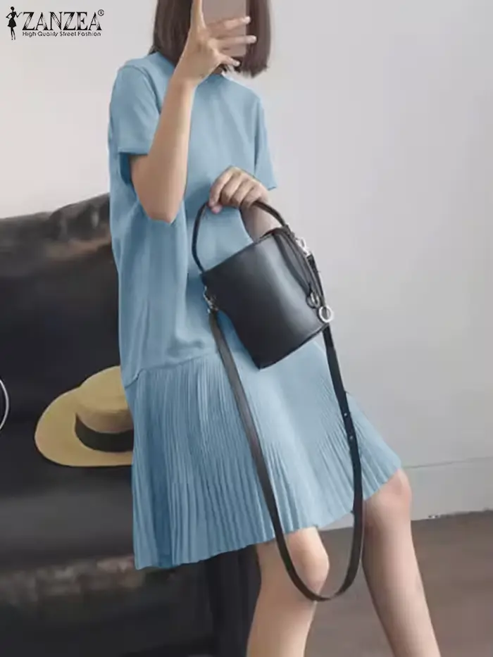 Robe plissée décontractée à manches courtes pour femme