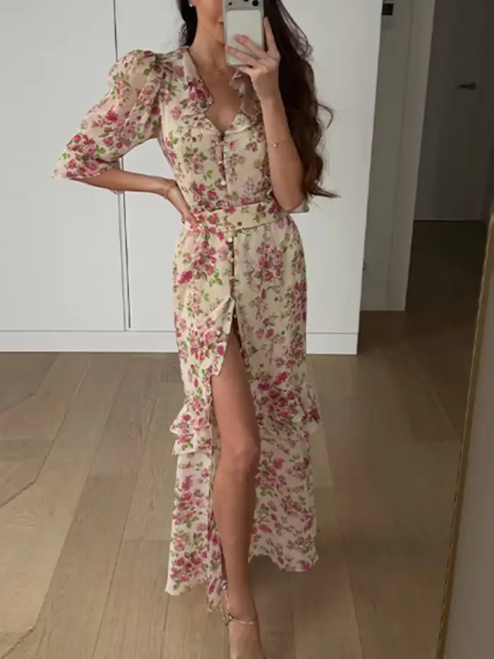 Robe longue chic pour femme col en V manches mi-longues fente haute cintrée à la taille avec volants occasions spéciales fêtes vacances été
