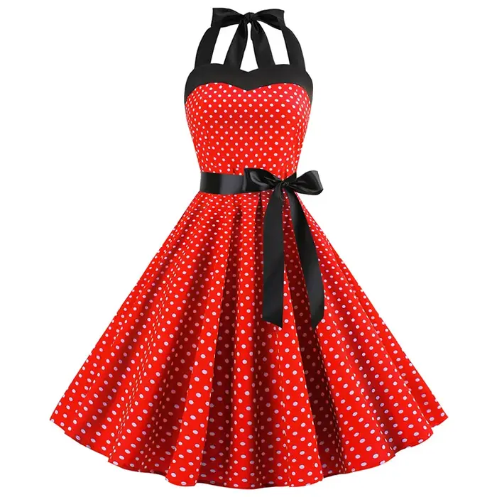 Femmes à pois imprimé Robe d'été Sexy rétro blanc licou Robe Vintage Robe Femme Pin Up Rockabilly Ro