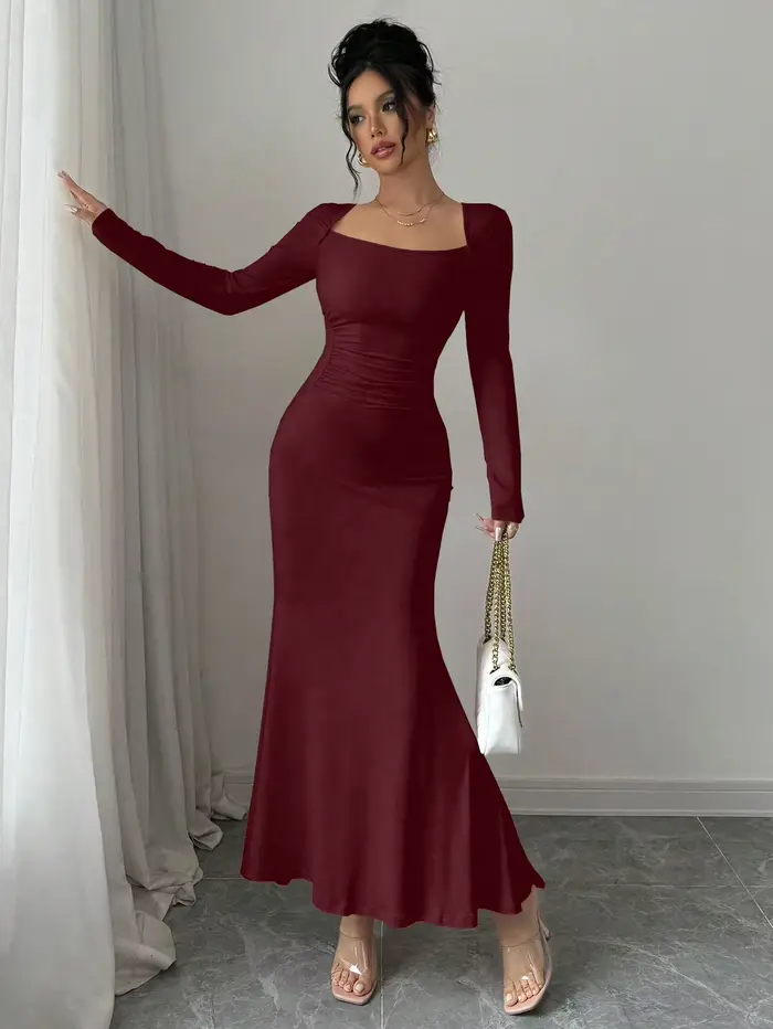Robe quatre saisons pour femmes, nouveau Style, tempérament élégant, rétro, couleur unie, col carré,