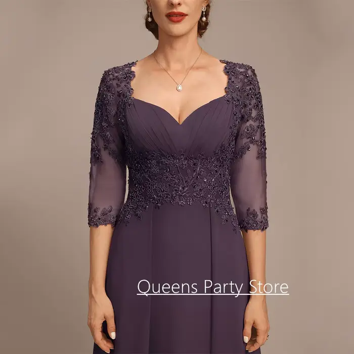 Robe élégante personnalisée de mère de la mariée en mousseline de soie avec col en V et manches 3/4 pour cérémonies de mariage et soirées spéciales