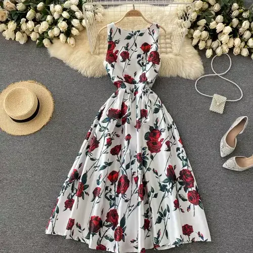 Neploe-Robe Rétro à Imprimé Floral pour Femme, Taille Haute, Ligne A, Style Hepburn, FibrMaxi