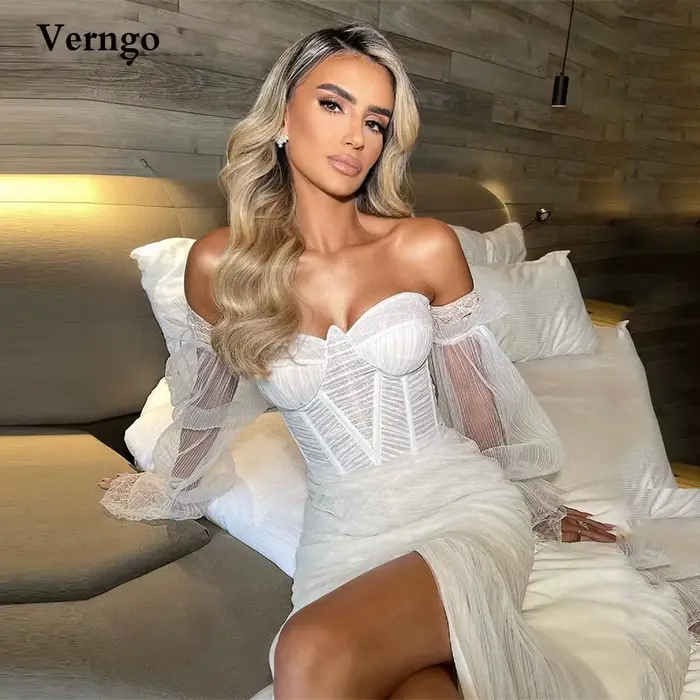 Verngo-Robes de mariée de plage en tulle chérie, manches longues bouffantes amovibles, plis d'os, fe