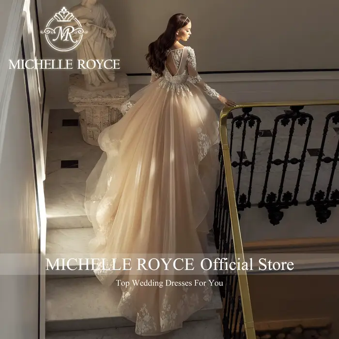 Robe de mariée Michelle Royce moderne avec train de chapelle en polyester, dentelle, maille, organza et tulle pour femmes enceintes et occasions spéciales