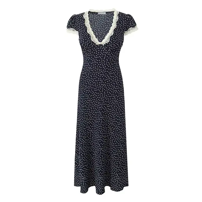 YENKYE-Robe longue bleu marine à pois pour femmes, bordure en dentelle, col en V, manches courtes, l