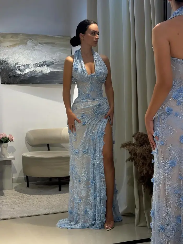 Robe de soirée verte de luxe col halter avec dentelle perlée et cristaux 3D pour femmes - idéale pour événements formels et occasions spéciales