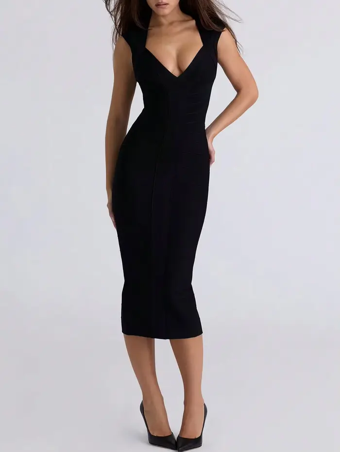 Robe Midi Bandage Noire Icon pour Femme, Robe Moulante à Manches Courtes, Robe de Cocktail Élégante 