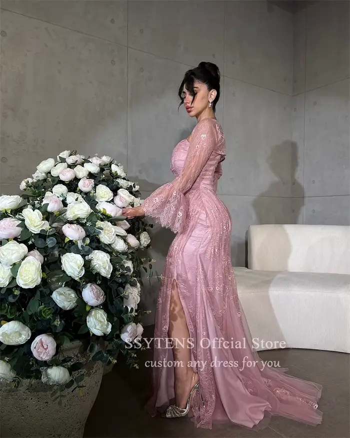 SSYTENS saoudien luxe rose robes de soirée sirène pleine dentelle robes de bal de mariage Formais Elegantes dubaï robe de soirée personnalisée