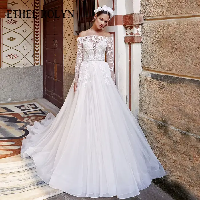 ETHEL ROLYN a-ligne De mariée avec robe col bateau charmante perles Appliques paillettes mariée prin