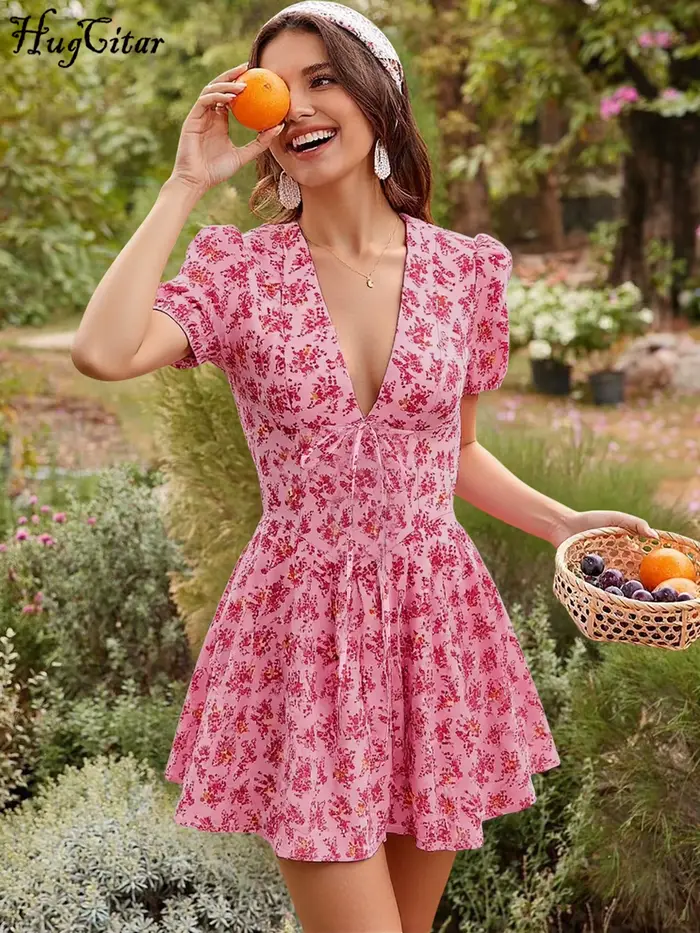 Hugcitar 2026 Robe Courte Plissée Sexy à Imprimé Floral