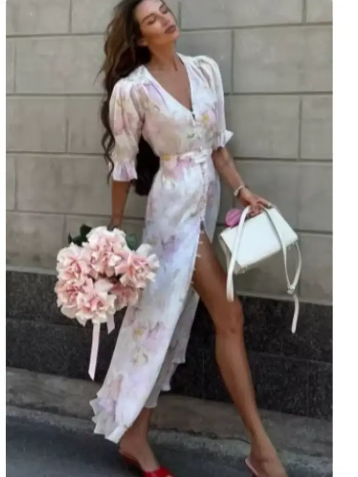 Robe longue sexy pour femme à imprimé orange