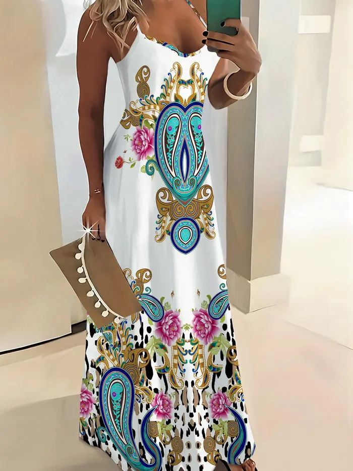 Robe de vacances pour femmes, imprimé floral paisley abstrait, sans manches, col rond, robe longue d