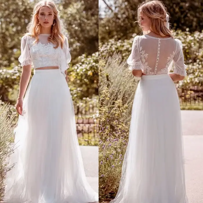 Robe de Mariée Deux Pièces Style Boho, Manches Courtes Bouffantes, Dentelle, Col Rond, lèvent au Dos