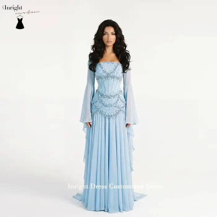 Robes de bal personnalisées Inright à manches longues, sans bretelles, longueur ras du sol, plissées, avec perles, robes de soirée, robes de fête formelles