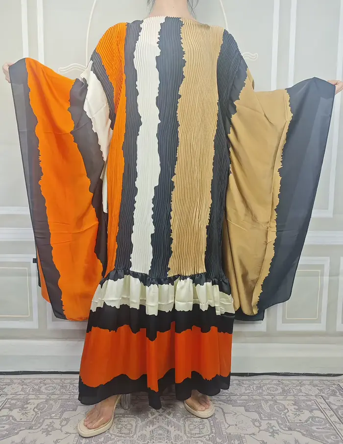 Koweït ample imprimé longues Robes femmes col rond manches longues plissé robe de vacances femme afr