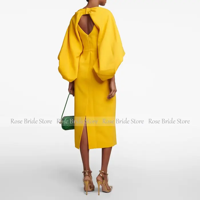 Robe de cocktail personnalisée jaune mangue col bateau manches bouffantes coupe colonne longueur thé pour femmes occasions spéciales